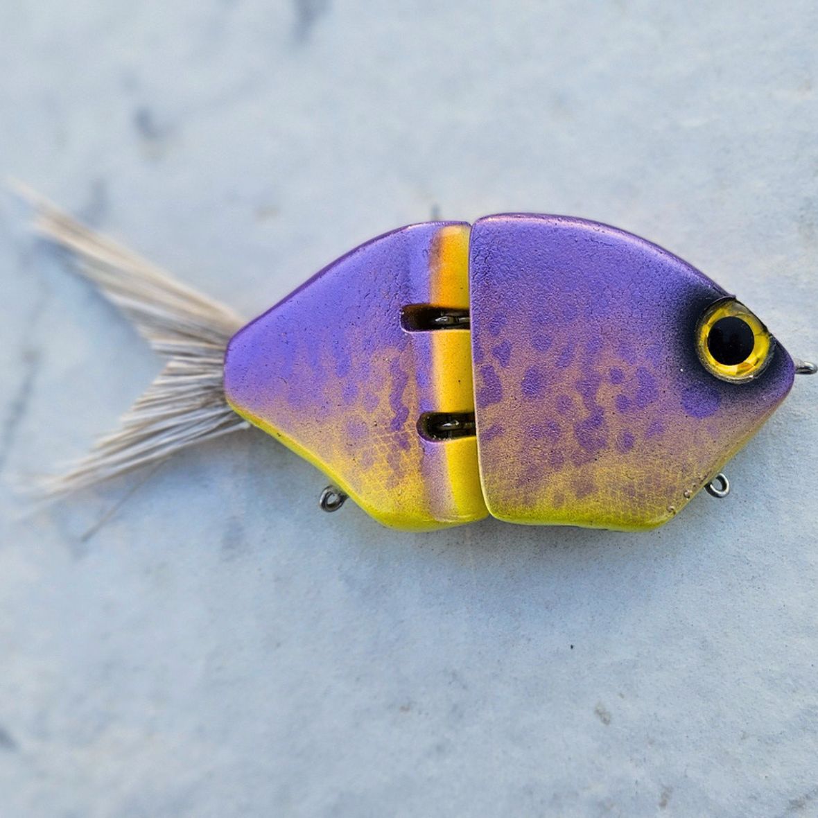 Product Photo - Chaingill (Glidebait with Bluegill Fish Silhouette) - Color Laker (purple top top, yellow belly, with purple spot pattern and white brush tail)