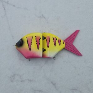 Product Photo - Chaingill (Glidebait with Bluegill Fish Silhouette) - Color Pink Lemonade (yellow top, pink belly, with pink stripes and tail)