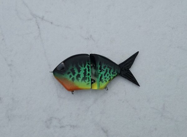 Product Photo - Chaingill (Glidebait with Bluegill Fish Silhouette) - Color Bluebill (black/green top, orange/yellow belly, with black spot pattern and black tail)
